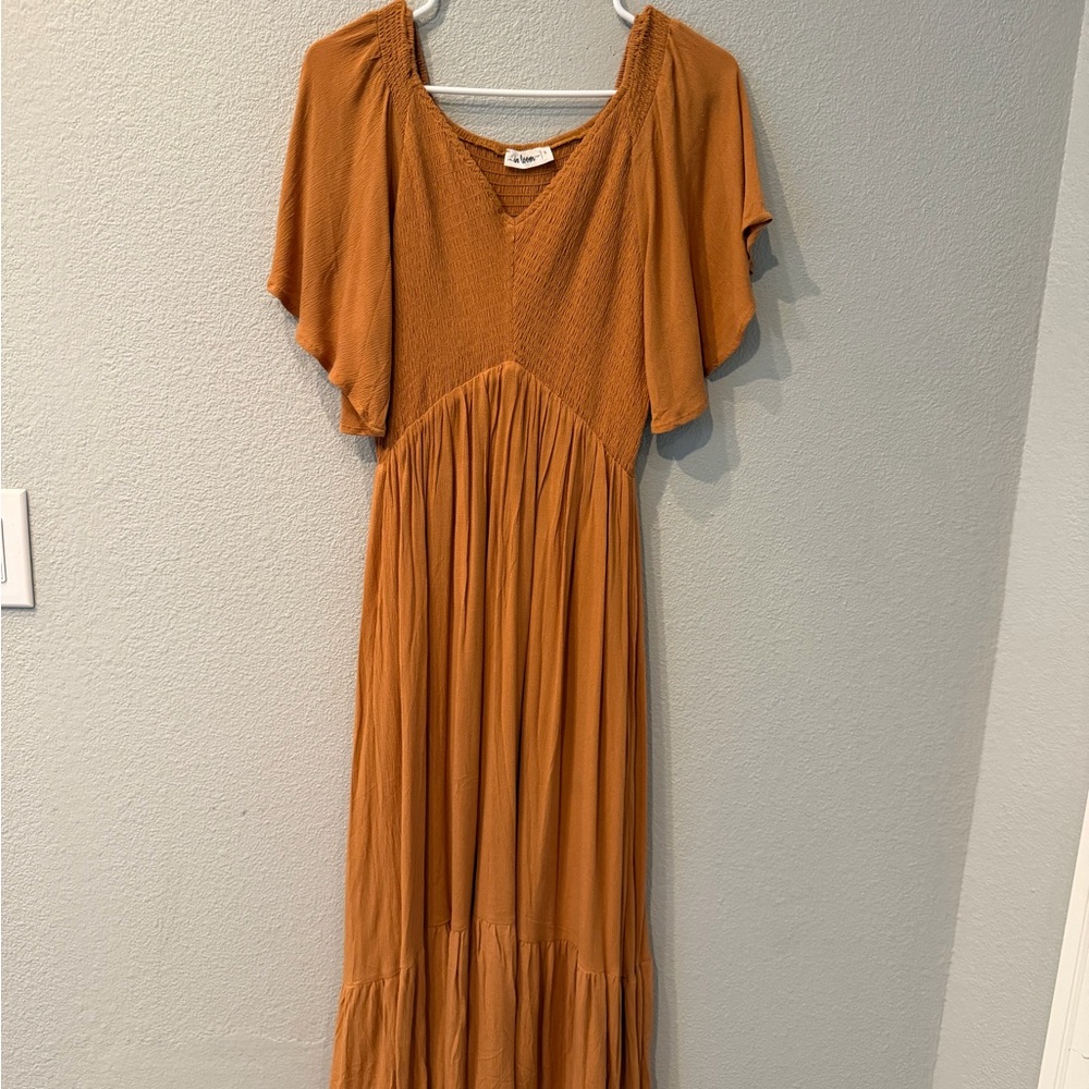 In Bloom Rusty Mustard Flutter-Sleeve Maxi Dress
